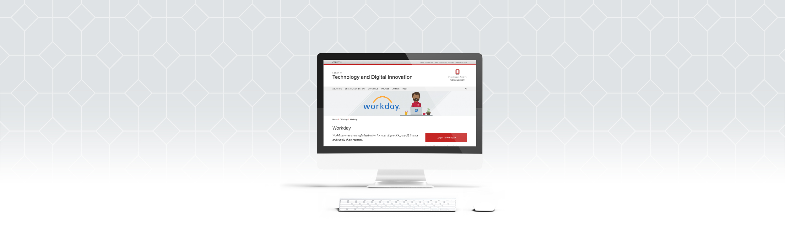 Computer monitor graphic showing The Ohio State University Workday webpage