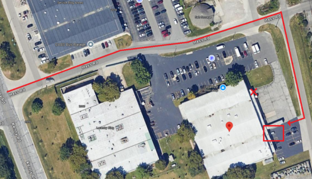 A satellite view of the UniPrint building, marking the new pick up location