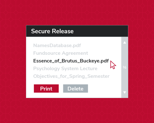 Graphic showing cursor selecting a document within a list of documents to be printed.